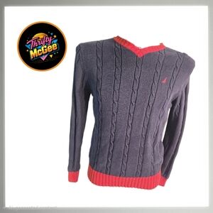 Nautica V-Neck Sweater in Gray and Red